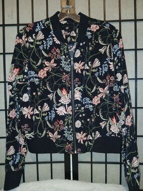 Iz Byer Black Bomber Jacket with Pink & Green Floral Embroidery